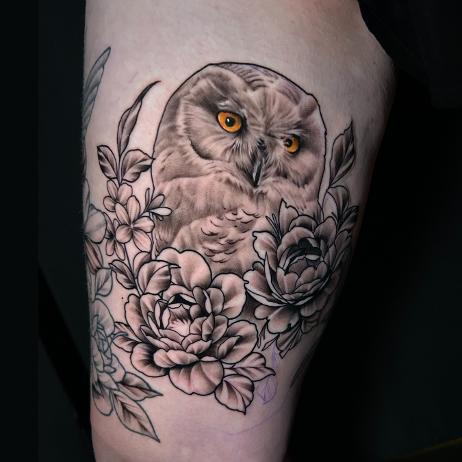 Owl and Flowers Tattoo